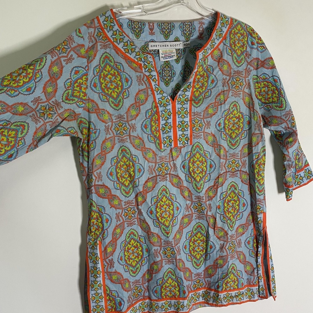 Gretchen Scott Top Womens Small Blue‎ Medallion Floral Tunic 3/4 Sleeve Boho - Picture 4 of 16